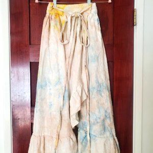 O/S Pastels On White Sister Nettle Linen Ruffle Wrap Skirt With Pockets Eco Dyes